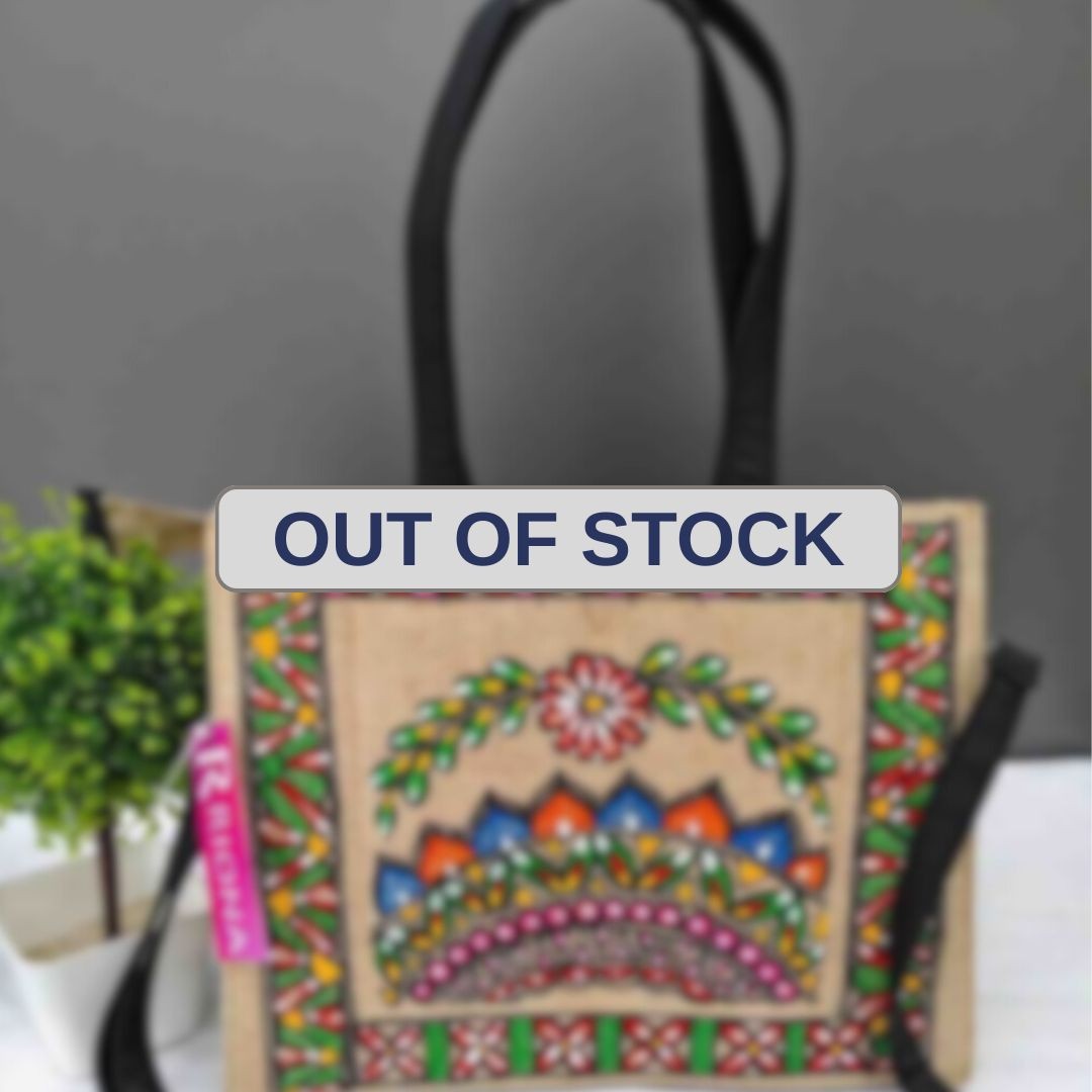 Handpainted Madhubani Box Tote Jute Bag - Mandala Design