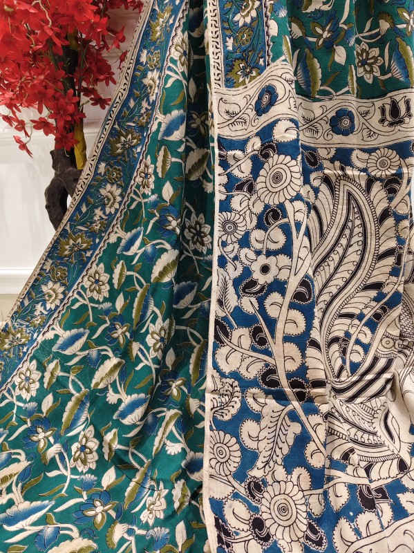 'Indivara' Teal canvas with Lotus motifs cotton Kalamkari Saree