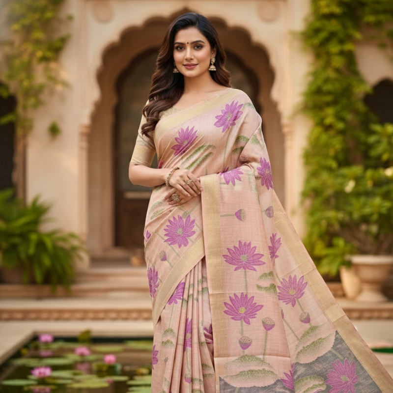 Floral Art Jamdani Saree - Light peach with Pink Lotus Motifs
