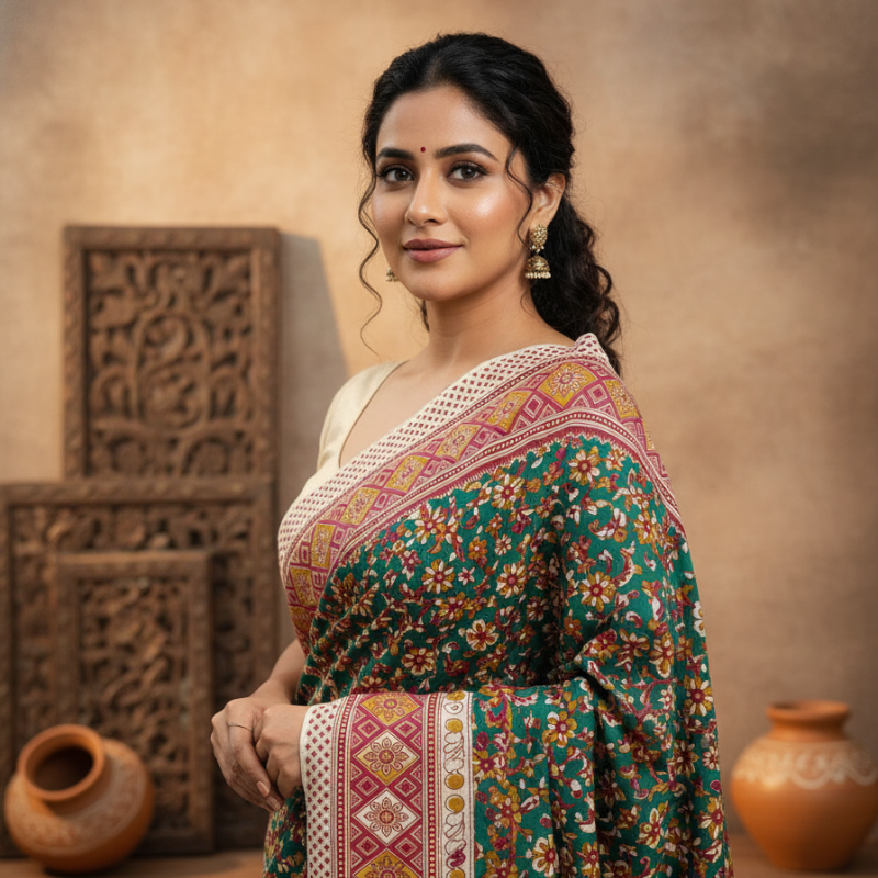 'HaritaPushp'  Green Canvas cotton Kalamkari Saree