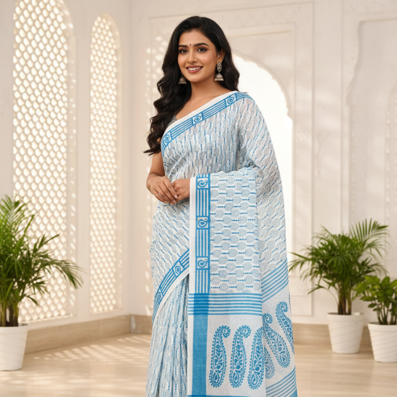 Bangalore Silk Kantha Saree - White base Blue stitch