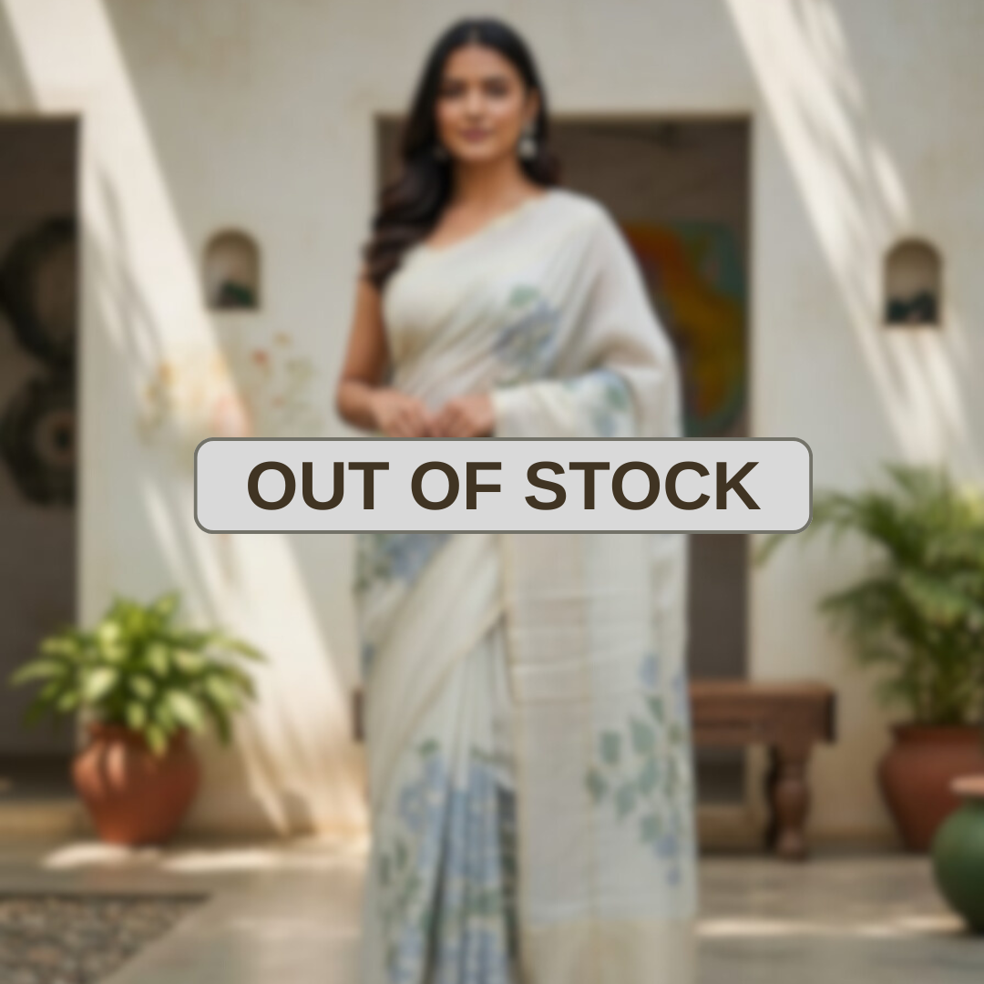 Floral Art Jamdani Saree - off white with blue Motifs