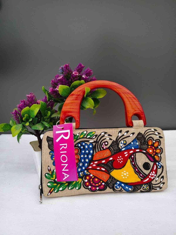 Handpainted Madhubani Jute Bag With Wooden handle Fish and Peacock Design