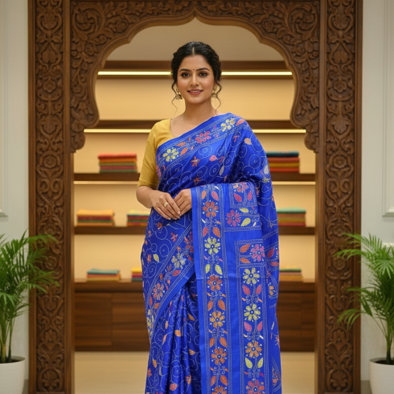 Bangalore pure silk Kantha Saree - Blue