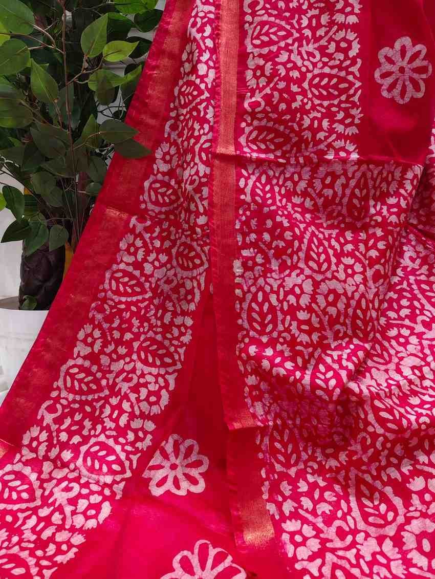 Mulberry Silk Handloom Saree- Red with Leaf Design