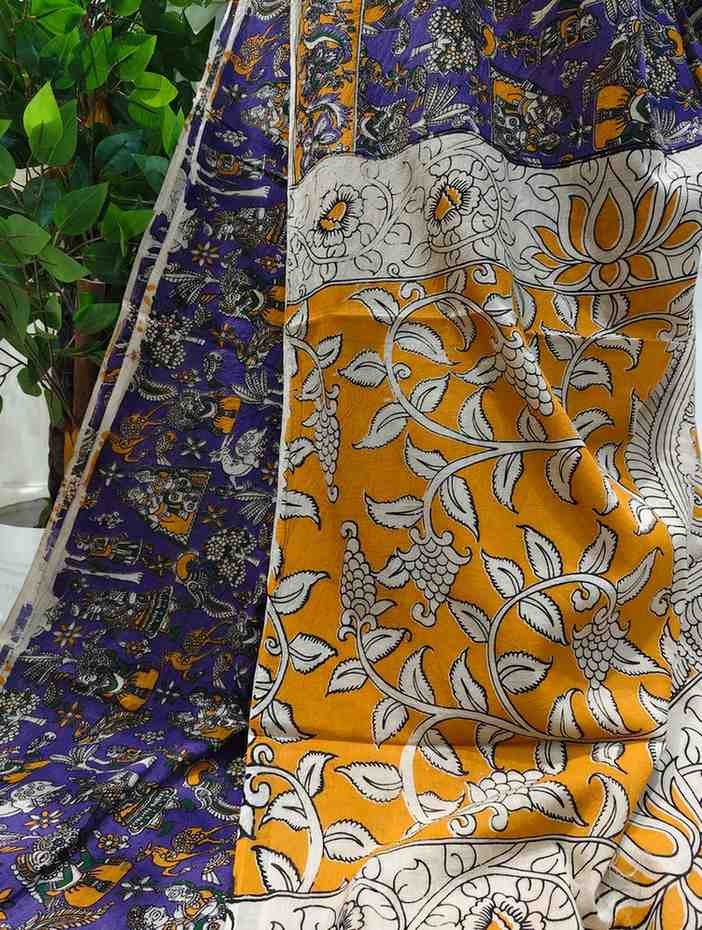 'Narikatika' Purple canvas with Trees and Human motifs  cotton Kalamkari Saree