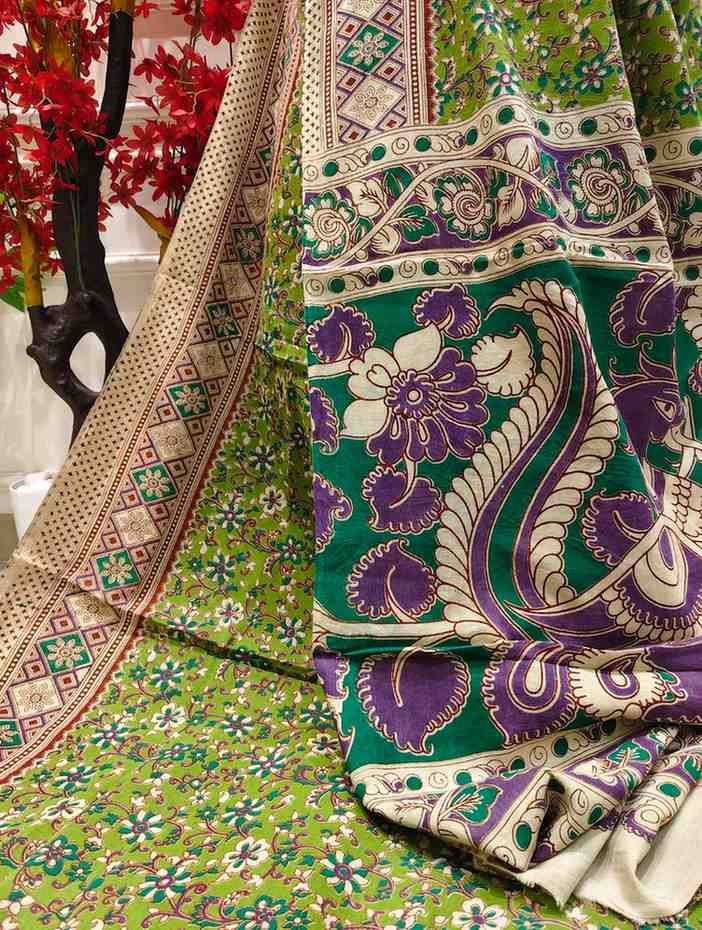 'Sugandhika' Light Green canvas cotton Kalamkari Saree