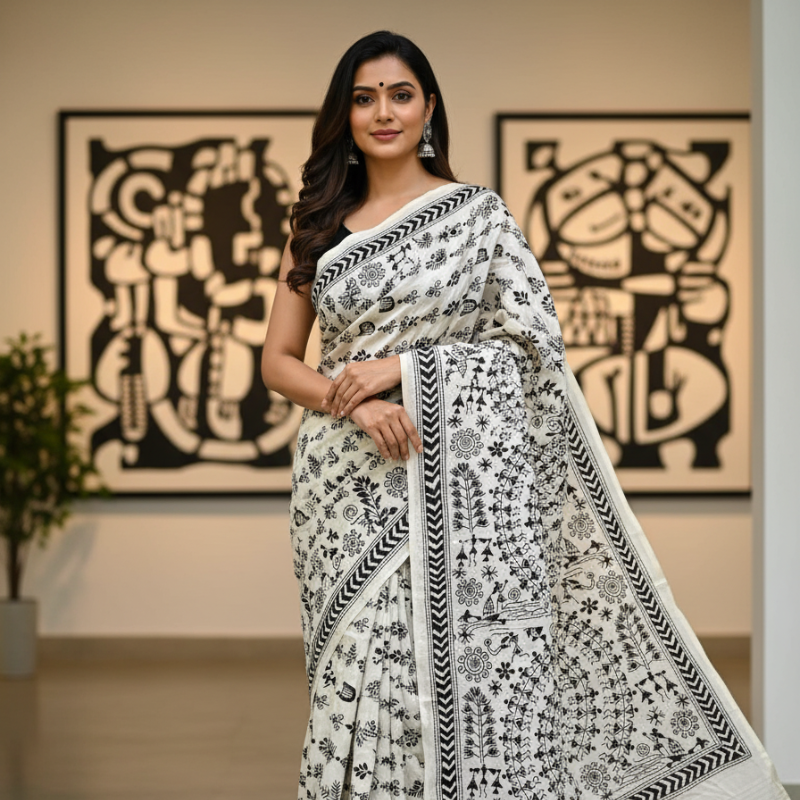 Bangalore Silk Kantha Saree - Pure White with black stitch