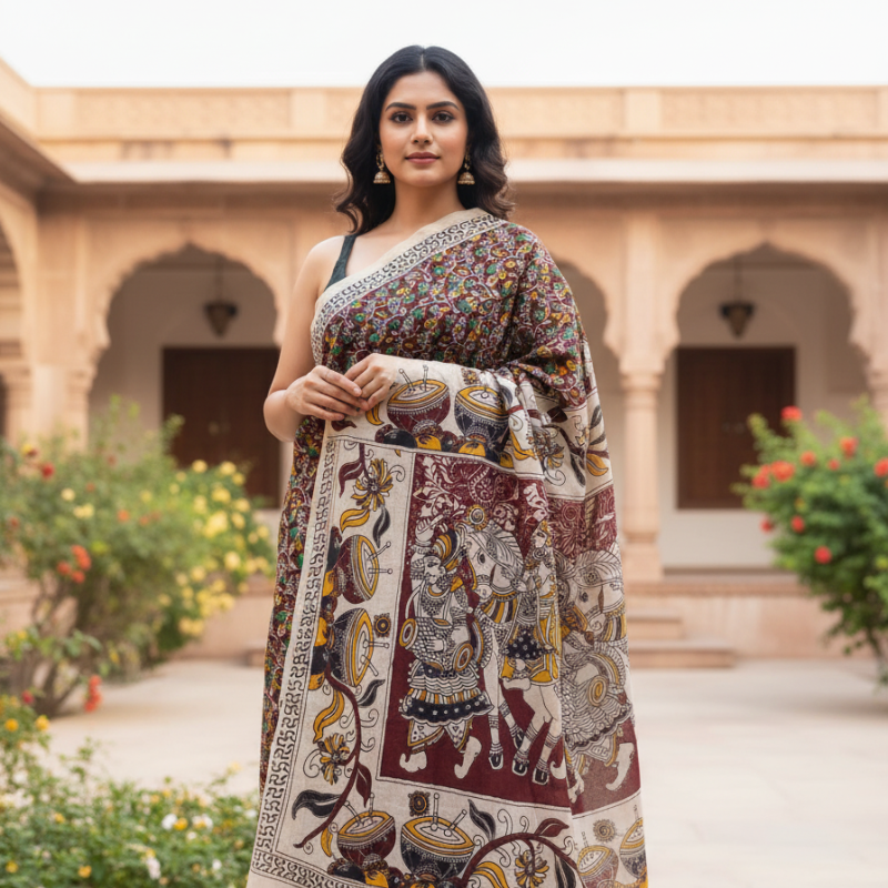 'Ketaki' Brown canvas with tiny Floral design cotton Kalamkari Saree