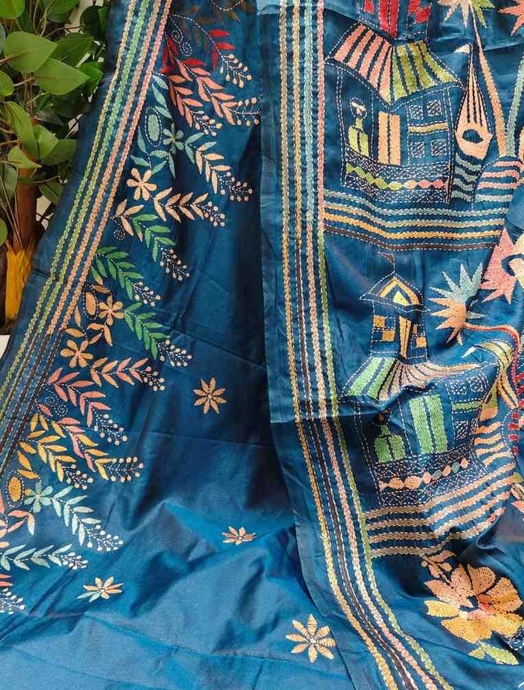 Deep Teal Threaded Tales Bangalore Silk Kantha Saree