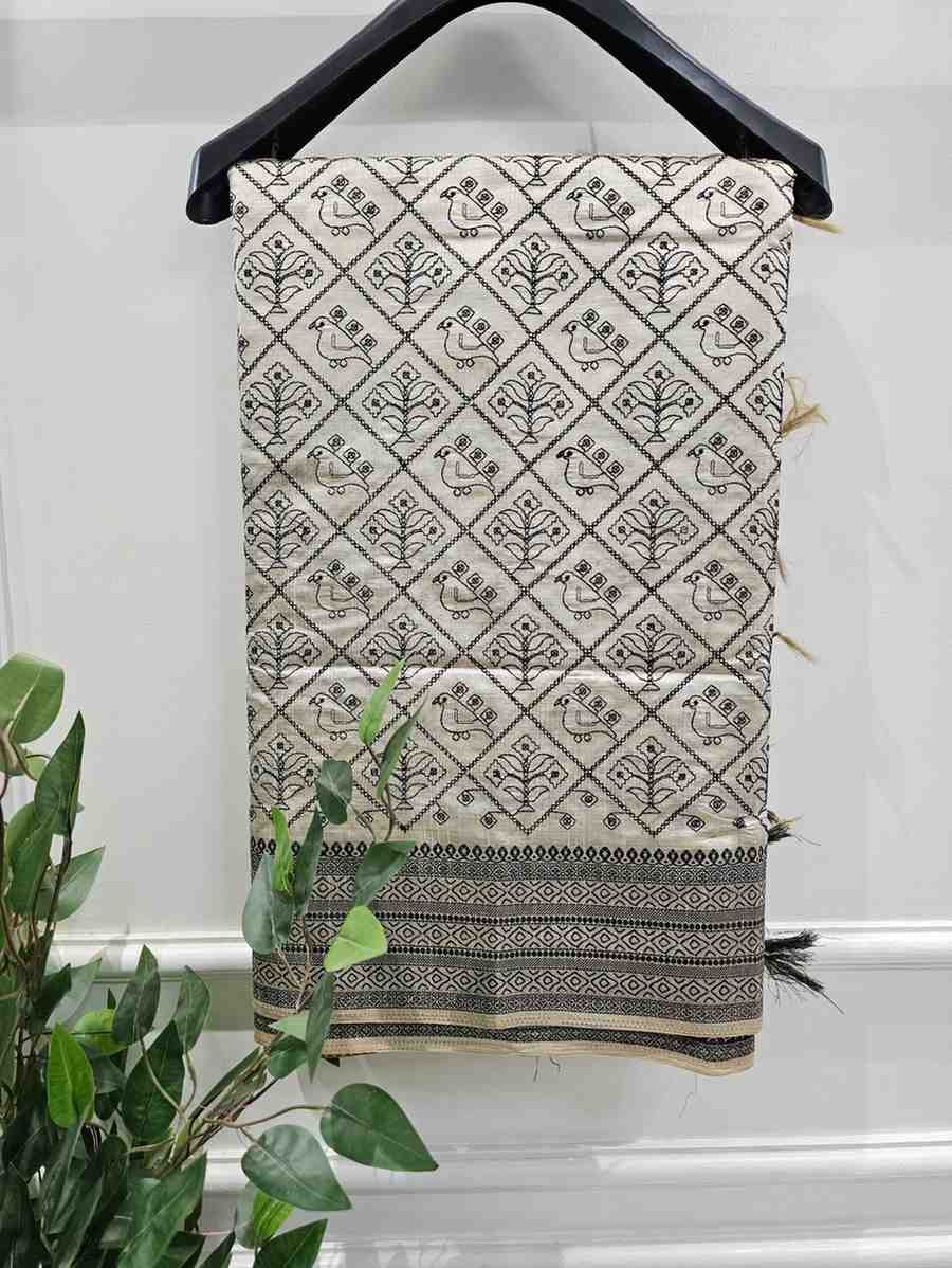 Black Thread Work Tussar Silk Saree - Bird Motifs