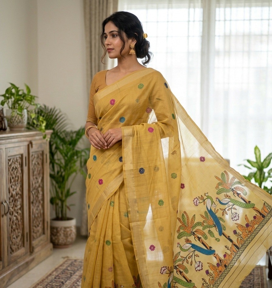 Peacock Muga Jamdani Saree- Muted Yellow