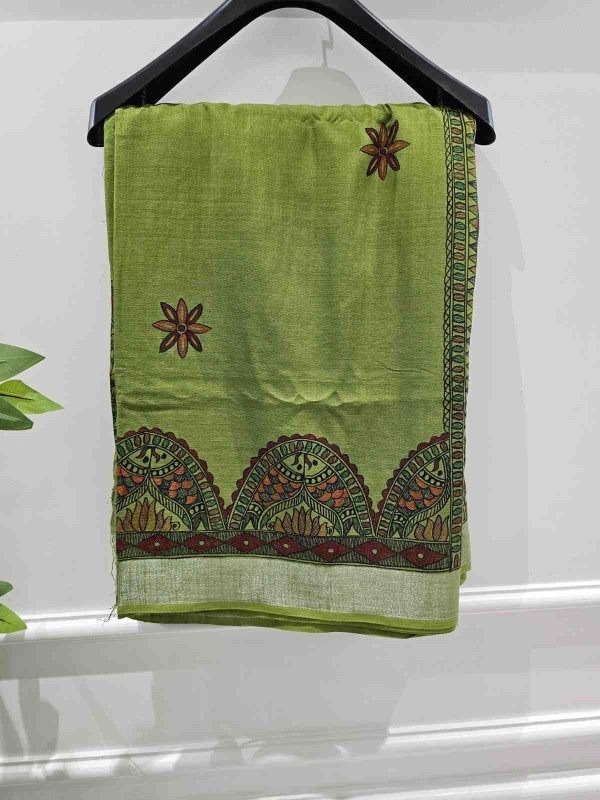 'Ardhya Matsya' Hand painted madhubani blend saree - Green, Pink