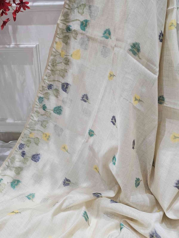 Muga Assam Silk - Off White with Berry Sapphire floral bloom