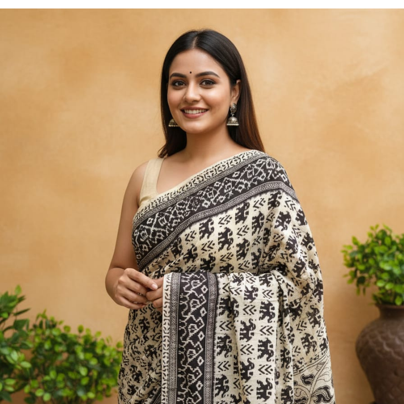 'Gajamudra' Black canvas with Elephant motifs cotton Kalamkari Saree