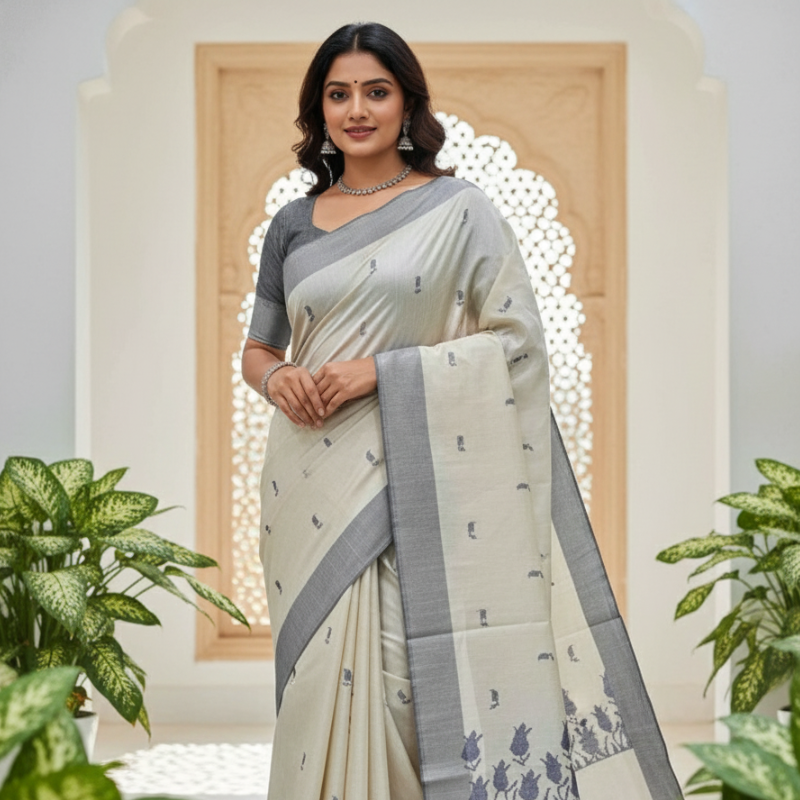 Hand stitched Matka Silk With Grey Border - Tulip Design