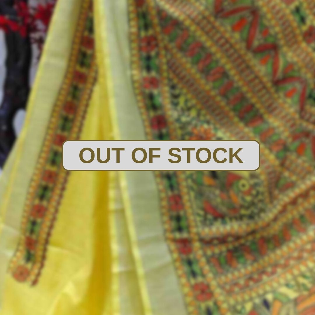 'Meen mayuri' Yellow Hand Painted Madhubani Blend Saree