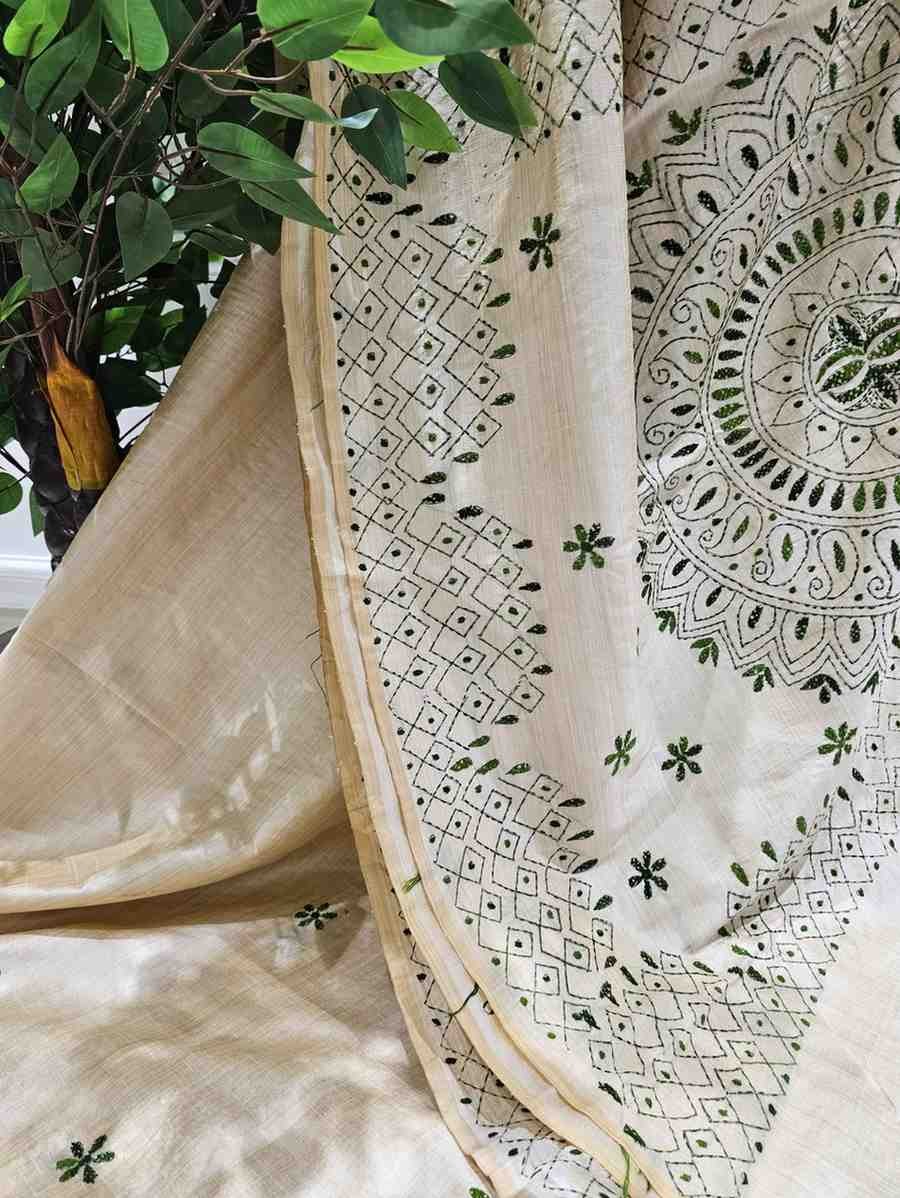 Hand Stitched Fragmented Kadhwa Kantha Saree- Green