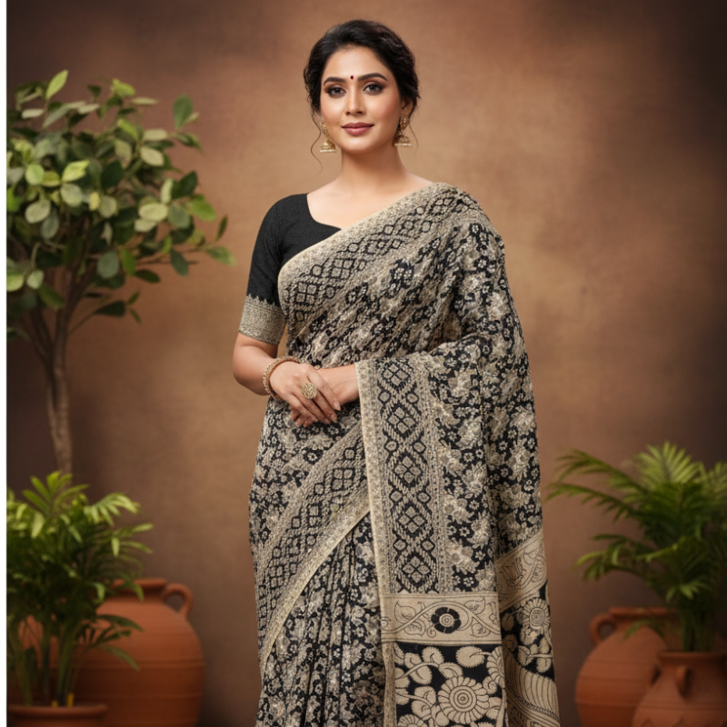 'Tamravallika' off White canvas with Black design cotton Kalamkari Saree