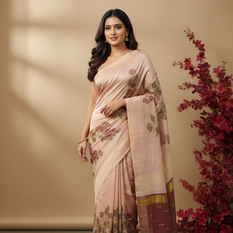Floral Art Jamdani Saree - Light peach with Maroon Motifs