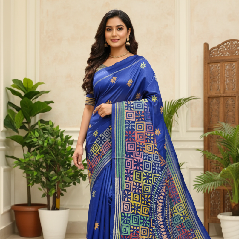 Royal Blue Glow Bangalore Silk Kantha Saree