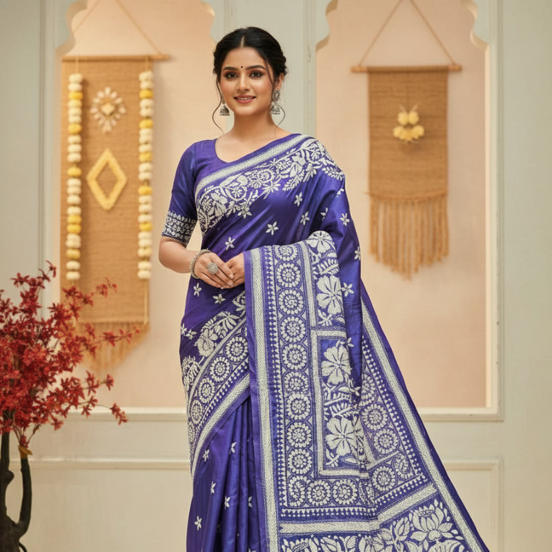 Bangalore Silk Kantha Saree - Shiny Blue