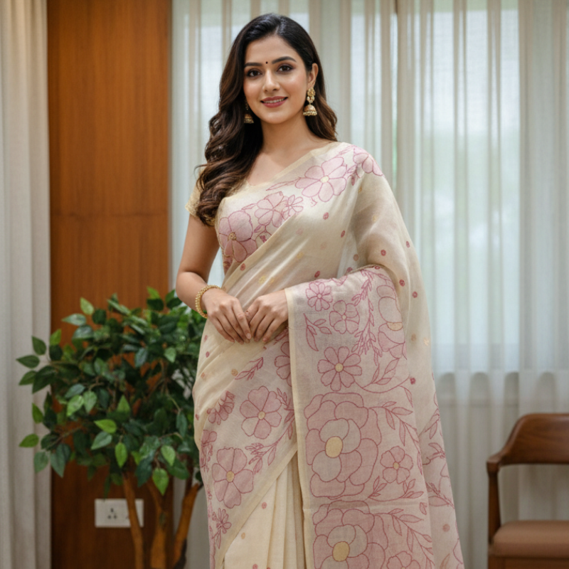 Brown Floral Mist Muga Jamdani Saree