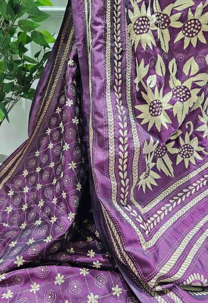 Bangalore Silk Kantha Saree - Purple