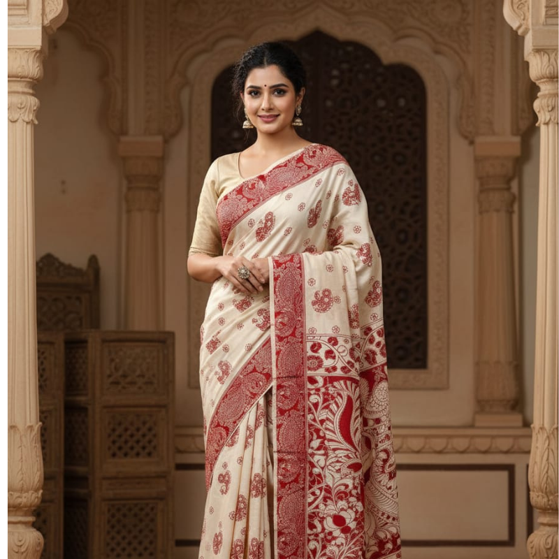 'Chitrangi' Cream base with Floral and Peacock motifs Nellore Silk Kalamkari Saree
