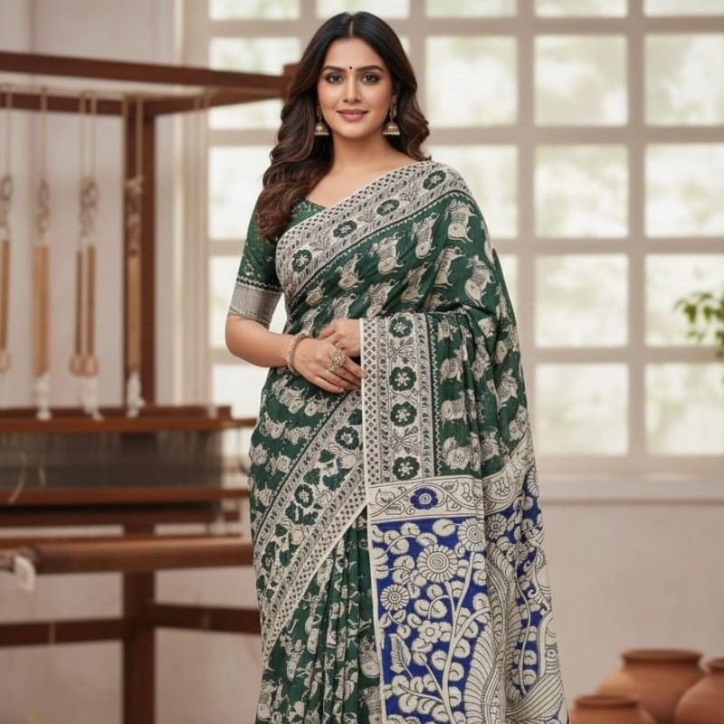 Green Canvas cotton kalamkari saree