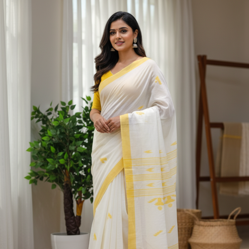 Pure Cotton Suti Saree – White with yellow border
