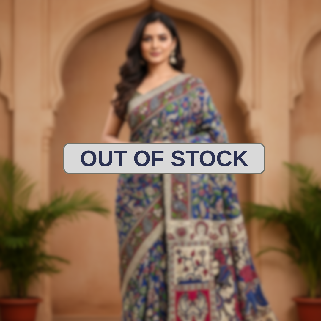 'Madhavilatika' Bold Blue canvas with Floral and Leaf motifs cotton Kalamkari Saree