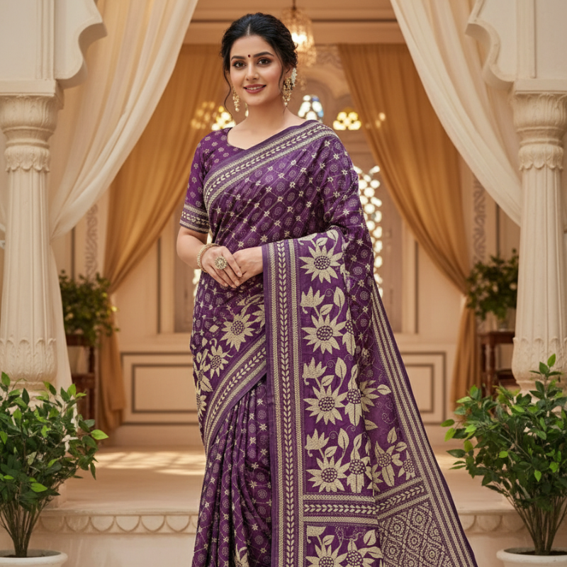 Bangalore Silk Kantha Saree - Purple