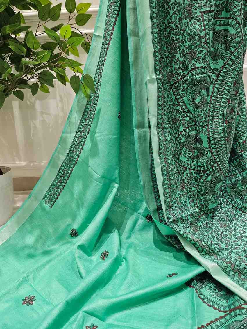 Morni' spring green Hand painted madhubani blend saree