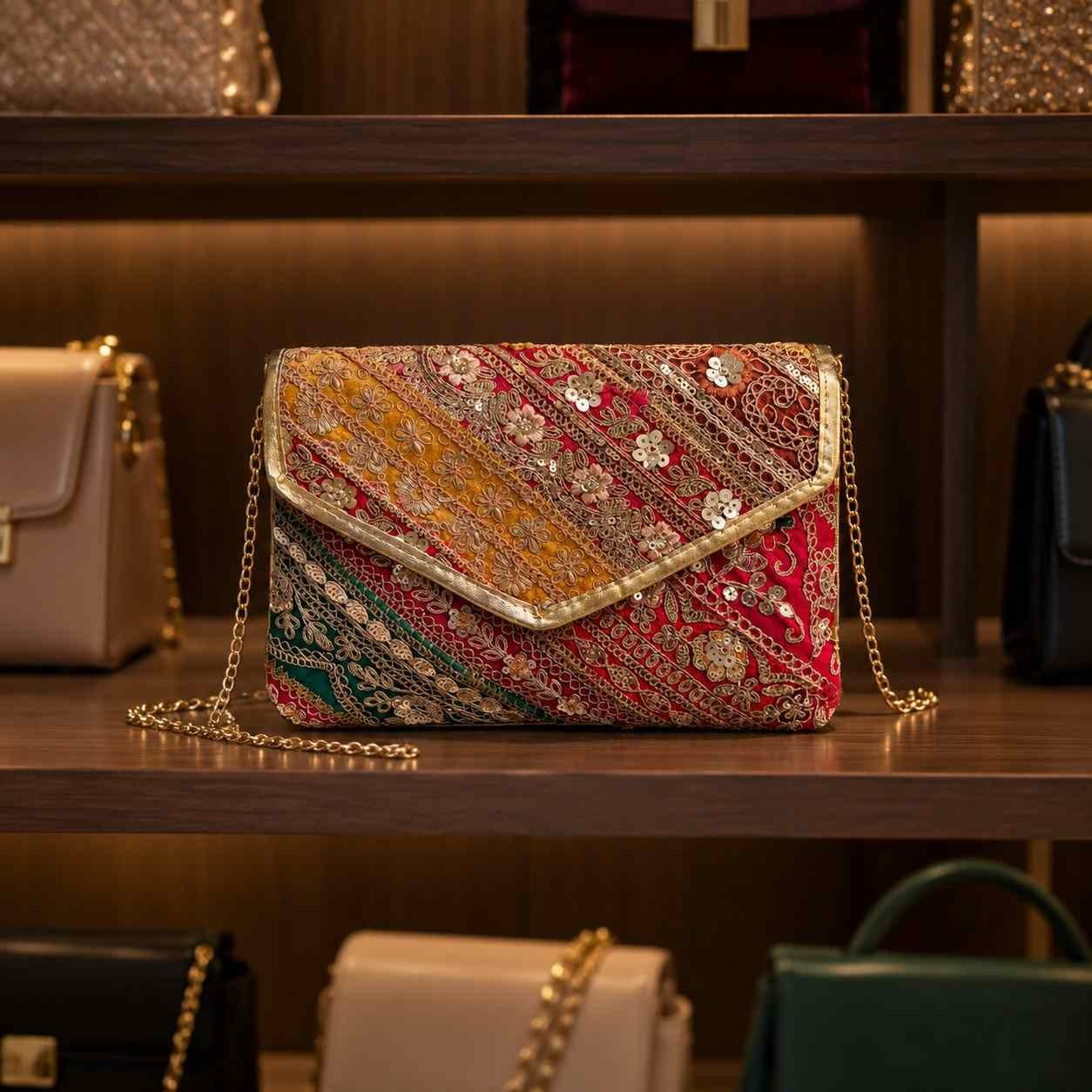 Handmade Traditional Zari Embroidered Sling Bag for Women | Golden Chain Crossbody Envelope Clutch | Festive & Party Wear Handbag