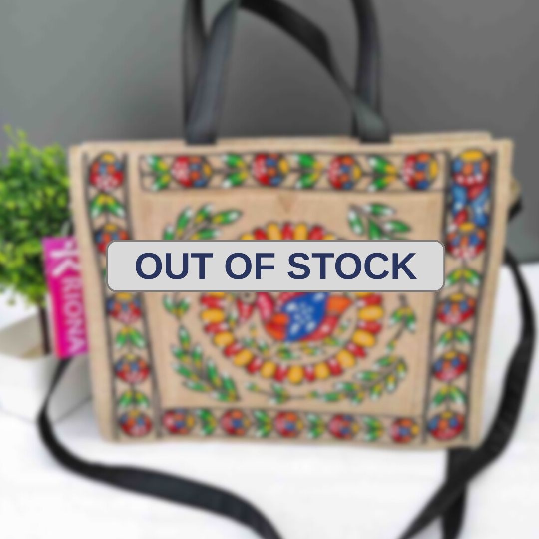 Handpainted Madhubani Box Tote Jute Bag - Round Peacock Design