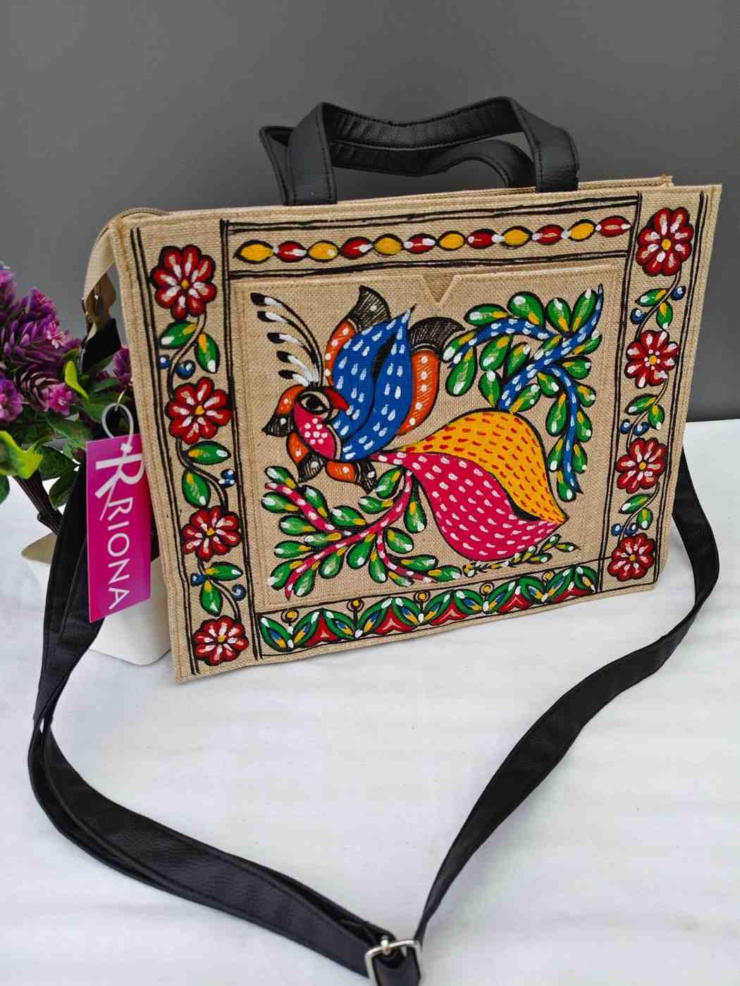 Handpainted Madhubani Box Tote Jute Bag - Peacock Design