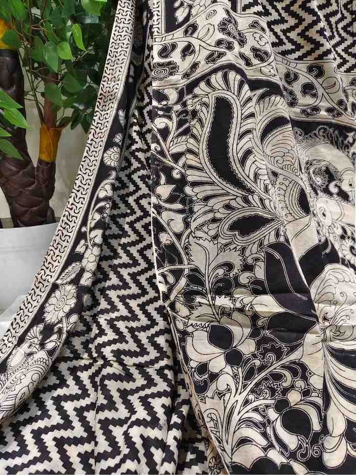 'Vakrarekha' Black canvas cotton Kalamkari Saree