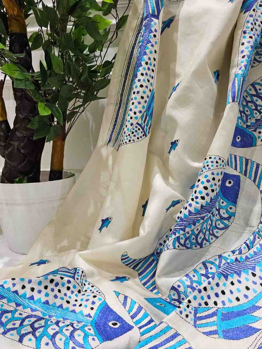 Tussar Silk Mormon Fish Blue Stitch Kantha