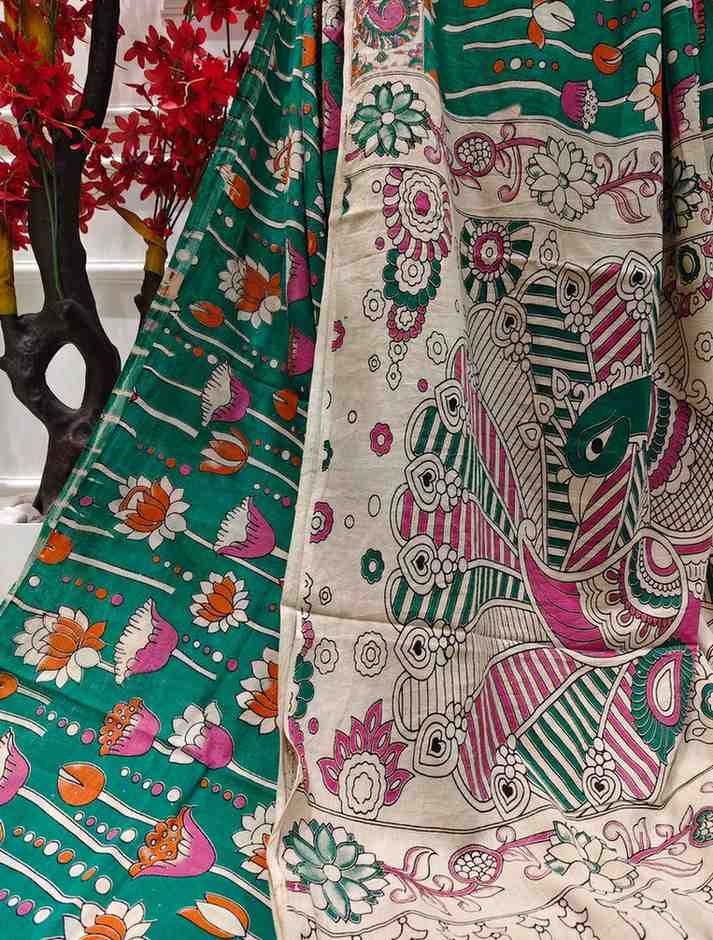 'Kamalatara' Green canvas with Lotus motifs cotton Kalamkari Saree