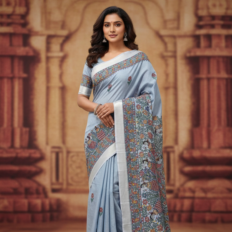 'Neel Nrityaleela' Hand painted  Madhubani Blend Saree