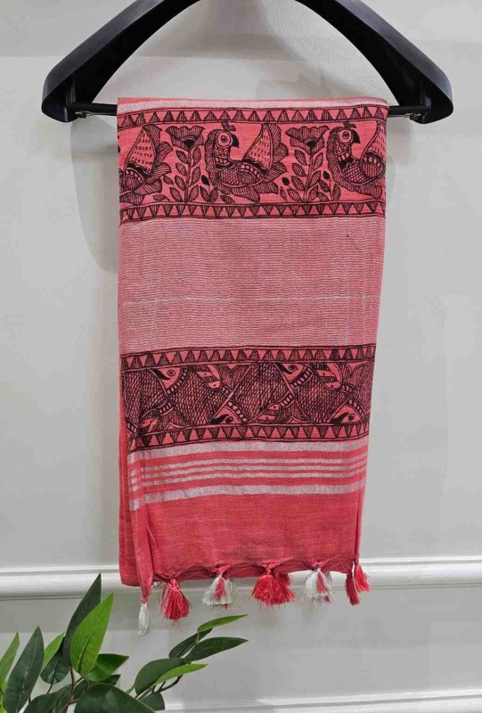 'MANORATH' Pink Handpainted Madhubani Blend Saree