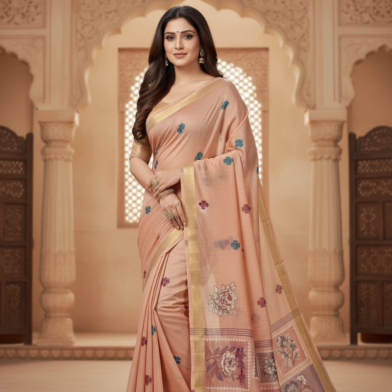 Floral Art Muga Jamdani Saree - Light Peach with Floral Design