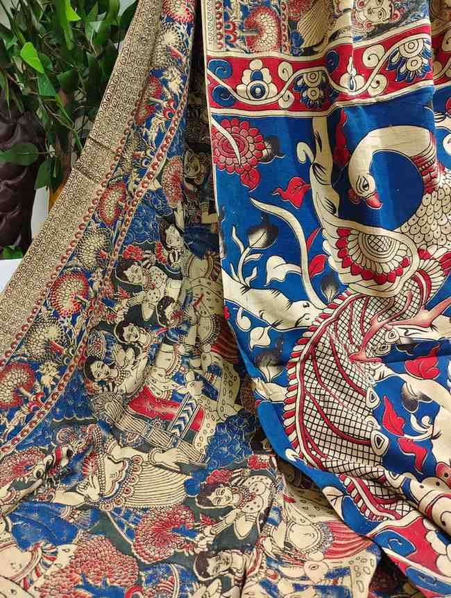'Nrityarasa' Blue canvas with Mythological paiting cotton Kalamkari Saree
