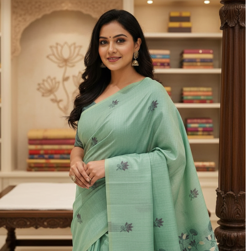 Floral Art Jamdani Saree - Green