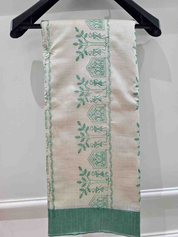Hand stitched Matka Silk With Rural life Design  - Pink, Green, Red