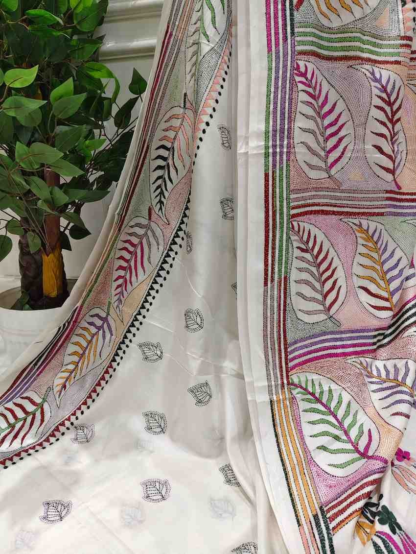 Serene White Leaf Touch Bangalore Silk Kantha Saree
