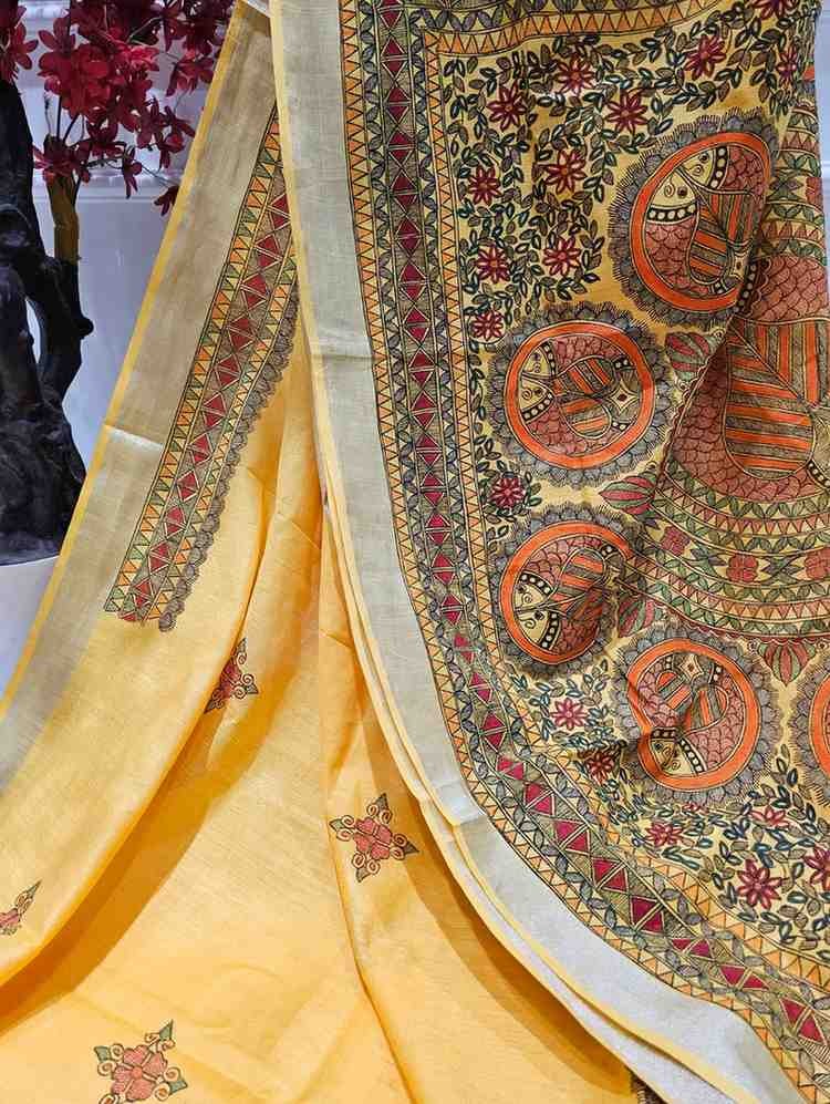 'Swarna Matsya' Hand painted Madhubani Blend Saree