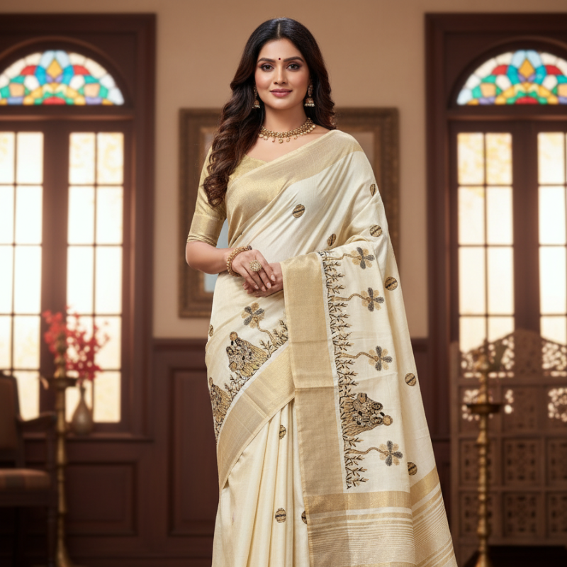 Lady with Mataka Motif Semi Tussar Saree