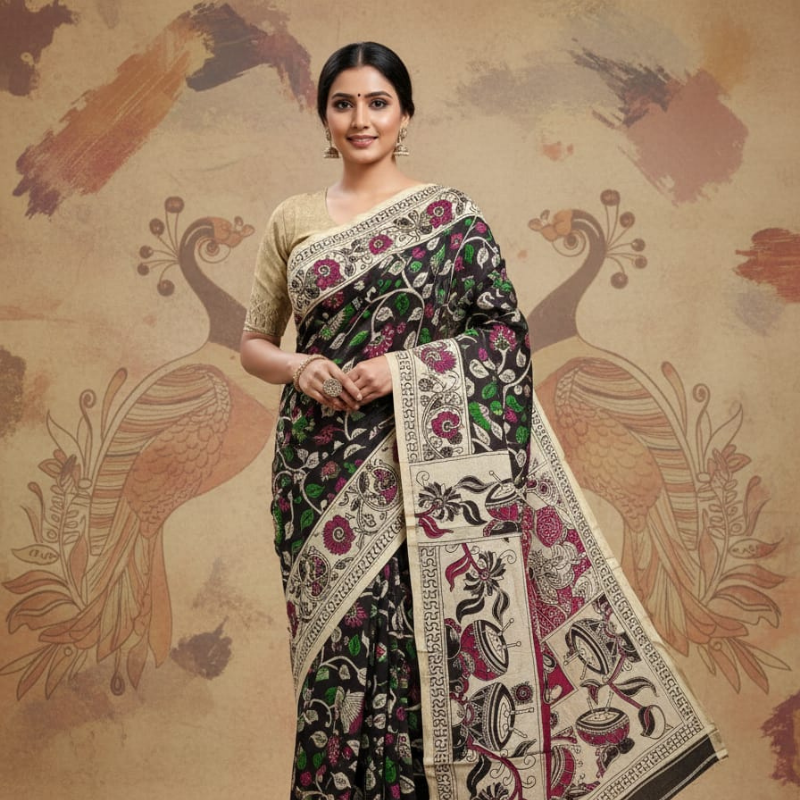 'Mayurmala' Black base with Peacock motifs cotton Kalamkari Saree